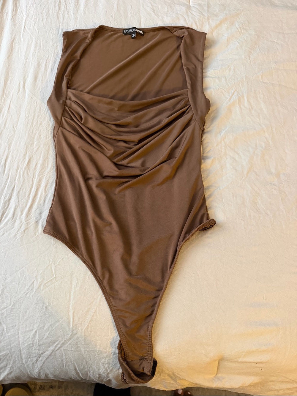Fashion Nova Brown Draped Cowl-Front Bandeau Bodysuit
